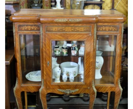 Louis IX style reproduction Kingwood Display Cabinet with gilt mounts and sabre legs, glass shelf  interior, 42”w x51”h