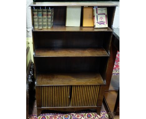 19thC Mahogany Waterfall Open Bookcase, 3 Shelves, with lower tambour cabinet, bracket feet, 30”w x 47”h