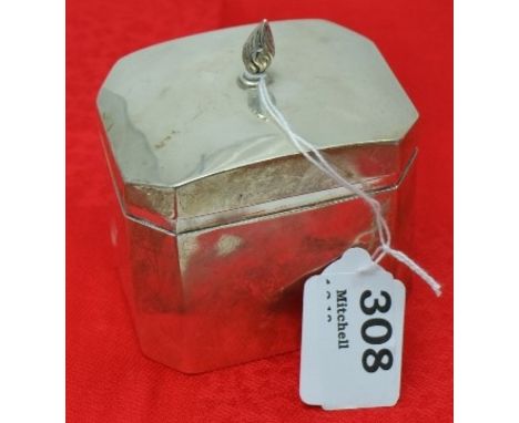 Cher Silver tea caddy with hinged lid and flame finial, 1913, 3.5”h x 2.5”w, (147 grams)