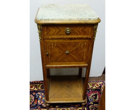 19thC French Kingwood Bedside Cabinet, with a grey and white marble p, with 1 drawer and stretcher shelf, 17”w x 36”h