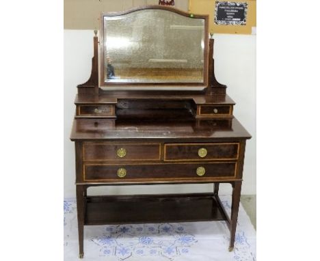 Edwardian Inlaid Mahogany Dressing Table with gallery drawers and a pivoting mirror, under-shelf, 39”w x 56”h