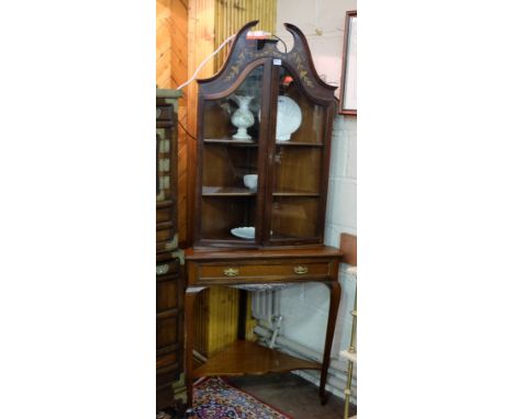 Edw. Inlaid Mahogany Corner Cabinet, with a swan neck p over two glass doors and a drawer and shelf below, 30”w x 72”h