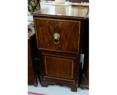 Georgian Mahogany and inlaid Drinks Cabinet, with pivoting decanter stand in p drawer, 21”w 