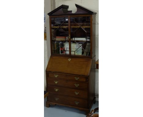 19thC Mahogany Bureau Bookcase, the arched pediment over two glazed doors enclosing shelves and a fall front bureau with 4 dr