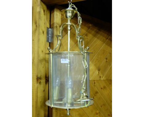 Regency style brass Hall Lantern (4 light fittings), with hanging chain and ceiling rose, 22”h (similar  lot 639)