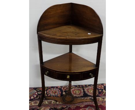 Georgian Mahogany Corner Washstand, with a lidded basin well and lower drawer, 22”w x 41”h