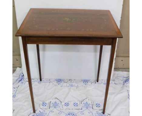 Satinwood Lamp Table, on tapered legs, the p finely decorated with floral scenes and swags, 25”w x 29”h