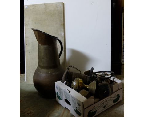 Box of brassware – oil lamp, kettle etc & a tall copper jug & white marble washstand p