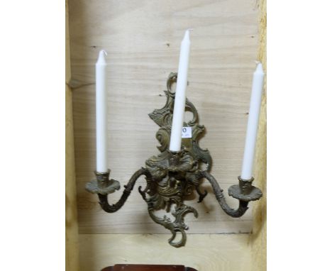 Matching Pair of brass 3-branch candle scones & a brass ceiling light with blue glass mounts (3)