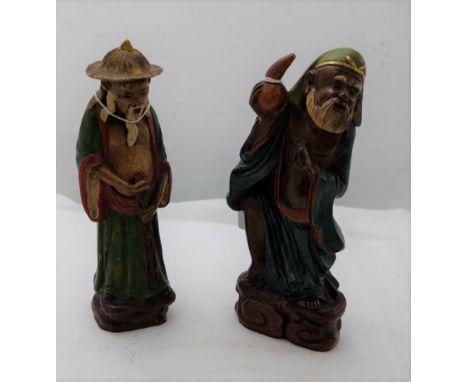 2 x Antique Chinese Character Figures – 1 x 19thC terracotta, supporting a lamp & another similarly painted (both 7”h) 