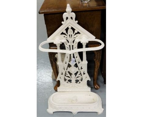 Vicrian Stick Stand, painted white, with original tray, fretwork back 32”h