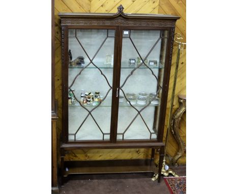 Edwardian Mahogany Display Cabinet with 3 plate glass shelves and cream satin covered, on tapered legs with stretcher shelf, 