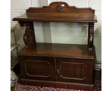 WMIV Mahogany Dumbwaiter, the raised gallery over a double rimmed p shelf and a 2 cabinets below, platform base, 47”w x 48”h