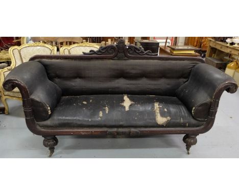 WMIV Mahogany Framed Sofa, the back rail featuring an applied urn, scrolled side arms, on turned front and rear legs (worn bl