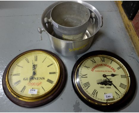 Bar items - 2 modern adv wall clocks (Guinness, Dennison), miniature wooden barrell & 4 wine buckets (7)