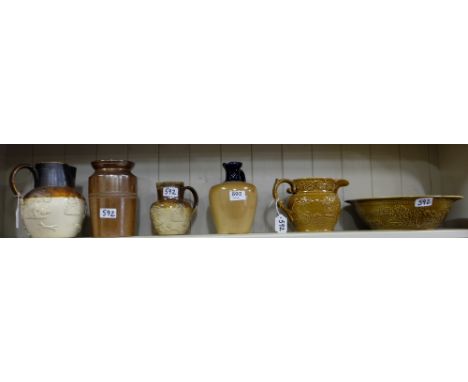 Shelf of creamware and sneware – Douln Jugs, mixing bowl with matching jug etc, 