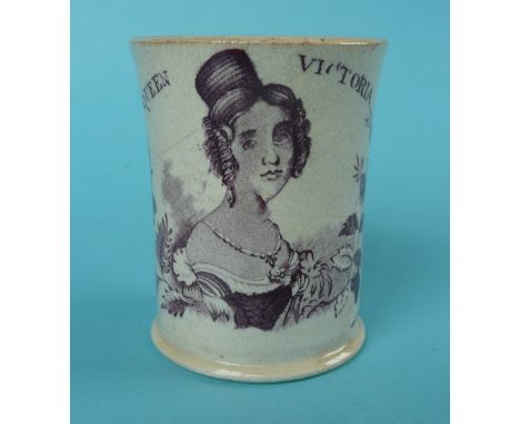 1837/38 Victoria: a small Swansea pottery mug printed in purple with a named portrait, 73mm (commemorative, commemorate, roya
