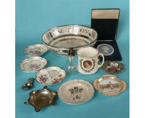 A Grays Pottery silver resist bowl for 1953, rubbed, three Crown Derby dishes, a small Paragon ‘London Pride’ dish, another f