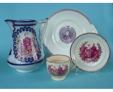 A jug with a portrait of the Prince of Wales after Mayall, a plate with named portrait, circa 1863 and a cup and saucer for 1