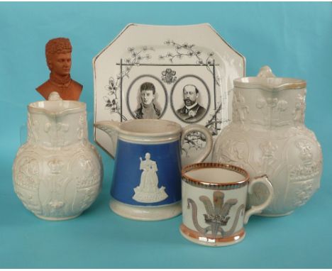 Prince and Princess of Wales: Three jugs for 1863 wedding, a dated lustre decorated mug, cracked, a terracotta portrait bust 
