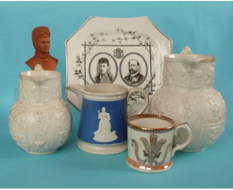 Prince and Princess of Wales: Three jugs for 1863 wedding, a dated lustre decorated mug, cracked, a terracotta portrait bust 