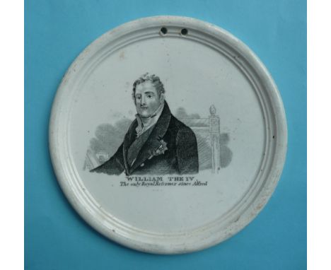 1831 Coronation: a circular plaque, probably by Don Pottery, with integral moulded frame printed in black with a named portra