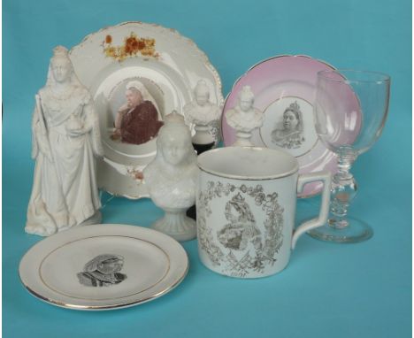 Victoria: a mug and a plate for 1901, two undated jubilee side plates, two small parian busts on ebonised pedestals for 1897,