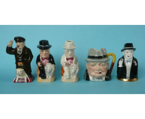 Winston Churchill: three small toby jugs by Kevin Francis, another by Cooper Clayton and a Royal Worcester candle snuffer (5)