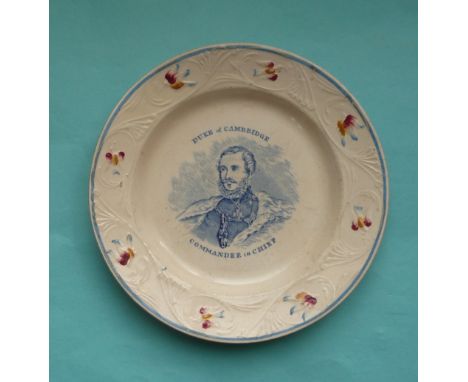 Second Duke of Cambridge: a pottery plate printed in blue with a named portrait within a colourful border, circa 1858, 220mm,