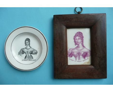 1831 Coronation: a miniature plate printed in black with a named half-length portrait of Adelaide, 96mm and a rectangular pla