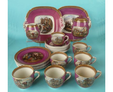 A part tea set comprising: two dishes, a sucrier and cover, a cream jug, six plates, six saucers and seven cups, aubergine gr