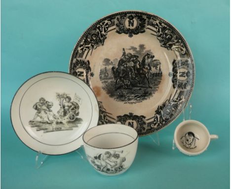 A porcelaineous cup and saucer printed in black with scenes emblematic of Peace and inscribed for Wellington and Louis XVIII,