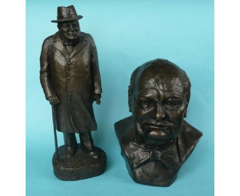 Winston Churchill: a cast composition standing figure by Keith Lee, 293mm and a portrait bust both with certificates (2) (com