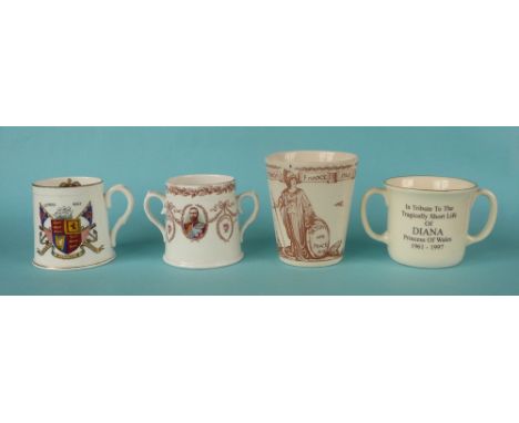 A porcelain mug by Wileman for the 1893 wedding of George and May, a small Royal Doulton loving cup for 1919 peace, a similar