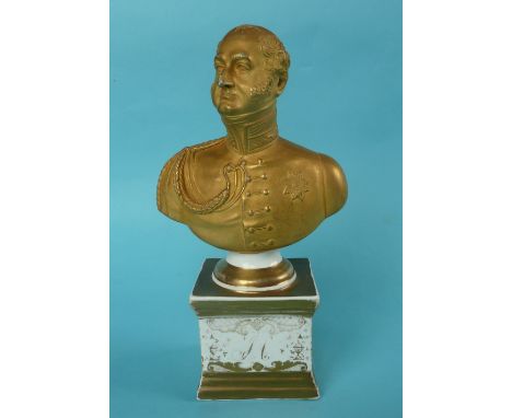 Duke of Kent: a gilded porcelaineous portrait bust by Samuel Alcock of Cobridge initialled JA on the integral base, circa 182