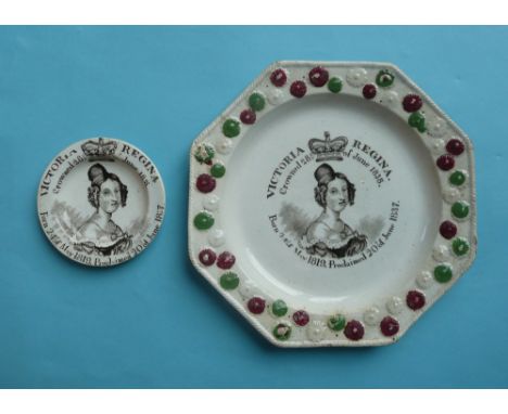 1838 Coronation: a miniature Staffordshire pottery plate printed in brown with a named and dated portrait, 85mm and an octago