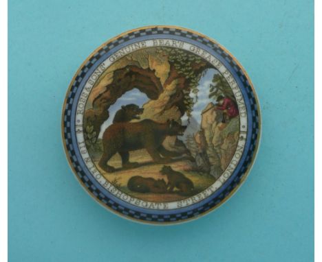 Bear Hunting (4) medium, blue chequered border, gold line decoration (prattware, pot lid, potlid) 