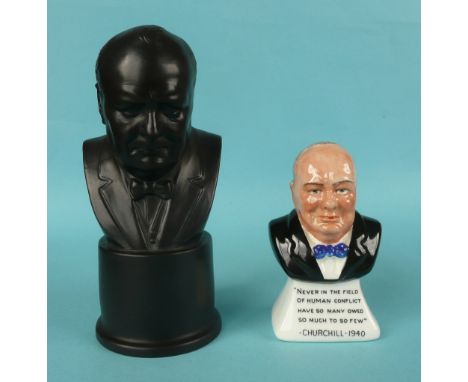 Winston Churchill: a Wedgwood black basalt portrait bust on cylindrical base, 176mm and a Lawton China portrait bust on inscr