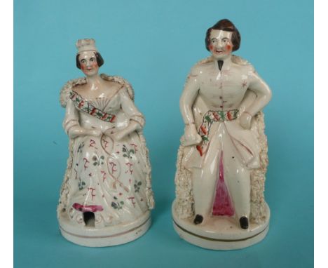 Victoria and Albert: a small pair of Staffordshire portrait figures depicted seated, circa 1846, 145mm, crown chipped (2) (co