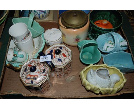 A quantity of china including Crown Devon dish and bud vase, Peek Frean & Co. biscuit Barrel, Baxter's preserve pot, Wadeheat