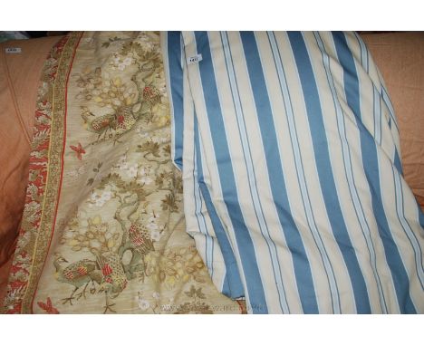 A pair of Curtains from 'The Mandarin Tree' collection,  50'' wide x 51'' drop.  Damaged and a pair of Jan Baker blue striped