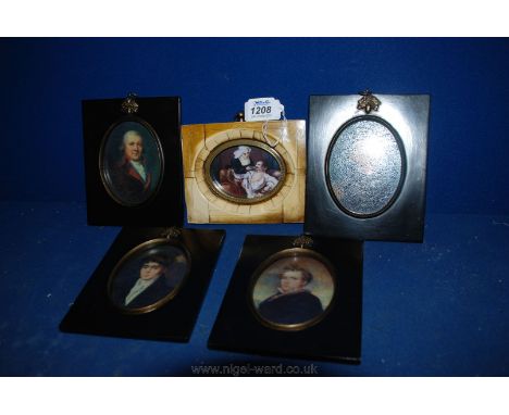 Four Georgian style reproduction Prints of portrait miniatures and an oval Print in ivory effect frame