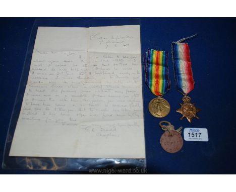 Two WWI medals, 1914 Star, Great War medal, and dog tag for 107 Pte. G. Taylor, 1/6 Gordon Highlanders and a letter of condol