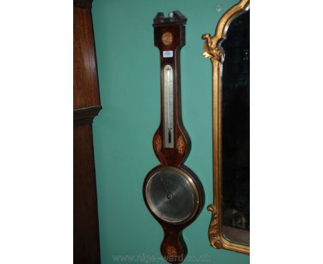 A Mahogany two point Barometer/thermometer with shell inlay