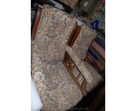 A pair of Lady's and Gent's Victorian show frame salon Easy Chairs having scroll end back supports, the Gent's chair having p