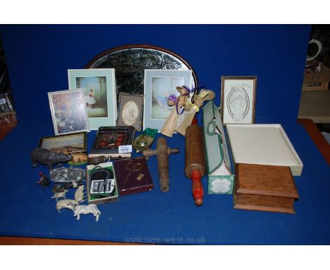 A box of miscellaneous items including an old wooden Rolling Pin, a small wooden Box, a boxed leather Writing Case, oval wood