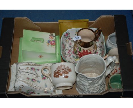 A quantity of china including two Cheese Dishes, a Wade Harvest Jug, an Old Foley Chinese Rose Dish, Jugs, etc.,
