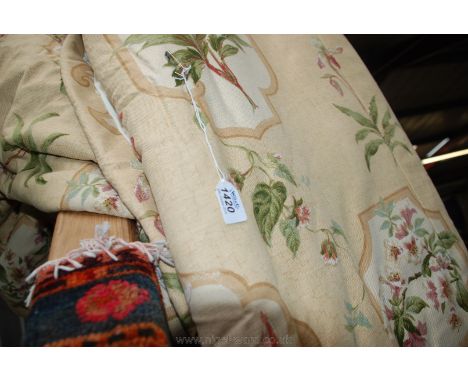 A pair of thermal lined Curtains 156'' wide x 81'' drop in peony, lily and blossom pattern on a beige background with pinch p