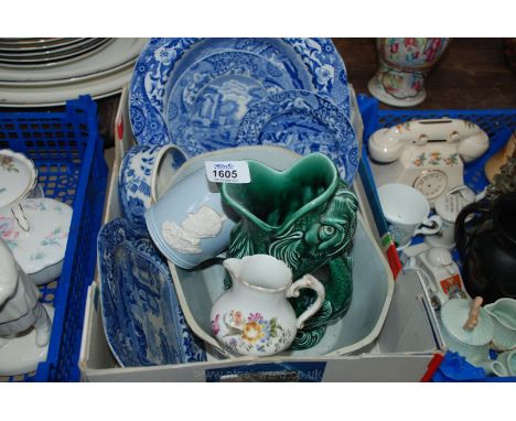 A commemorative Mug and a pair of blue and white Copeland Spode Dishes, blue and white Sauce Boat with lid, a Wedgwood Fish J