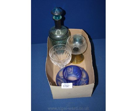 A blue glass Cup and Saucer, a blue Decanter with stopper etc.